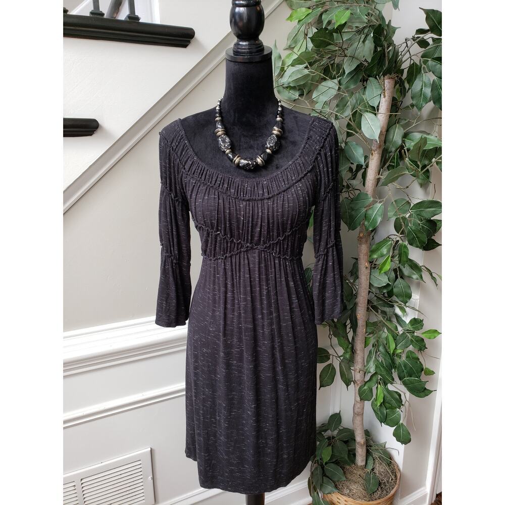 Max Studio Shift Dress Womens XS Black Stretch Ruched Midi Length Flared Sleeve